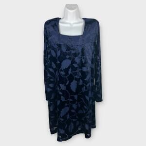 Vintage Blue Velvet Burnout Floral Dress Long Sleeve Size 10